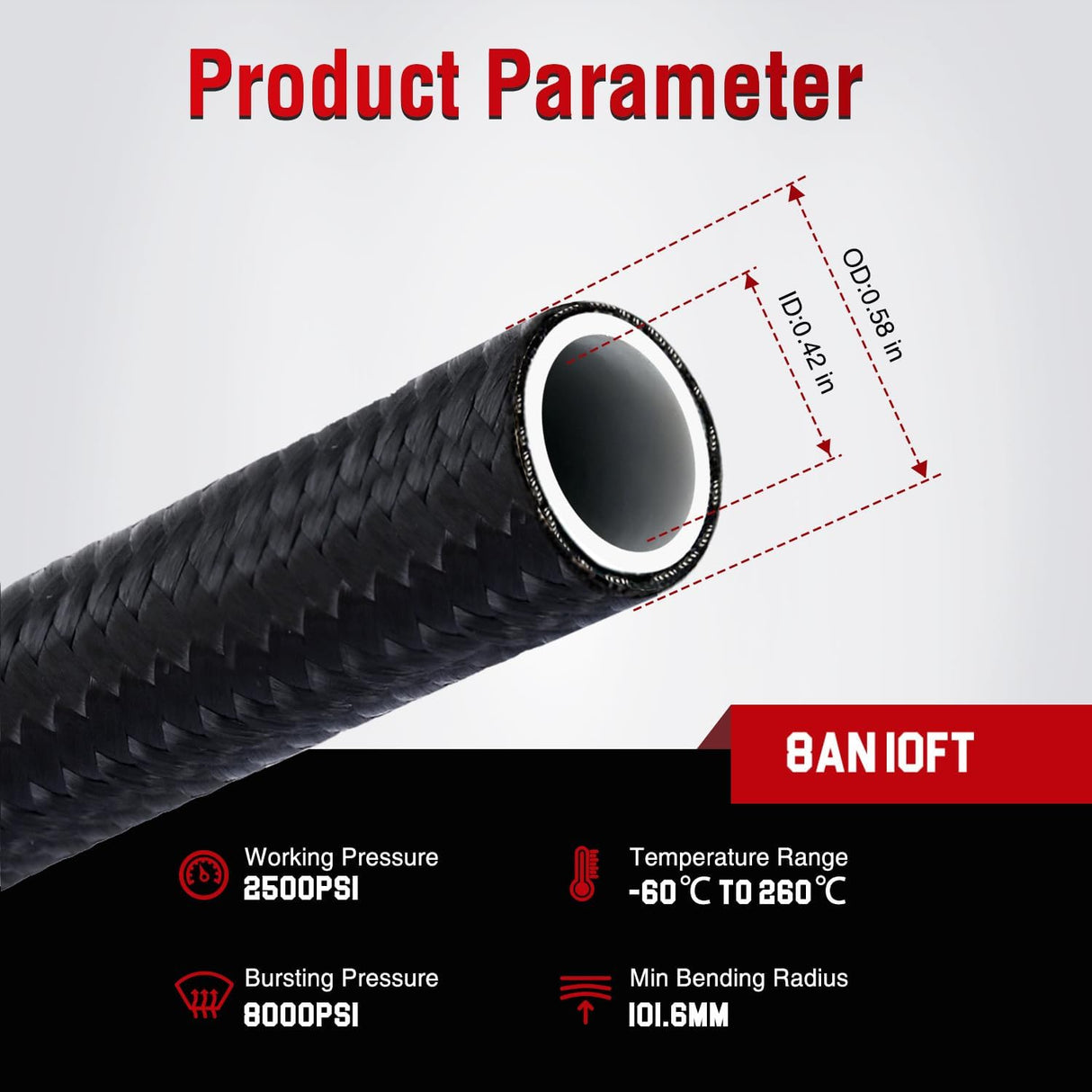 8AN 10FT PTFE Stainless Steel Braided Fuel Line Hose Only | Compatible with E85 PTFE Teflon EFI Fuel Line Universal for LS Engines & Automotive Racing Applications
