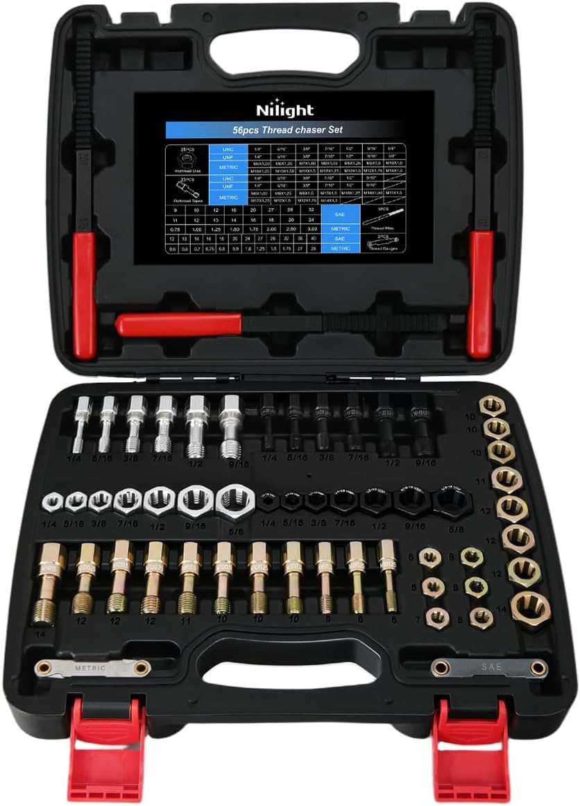 56PCS Thread Chaser Set SAE Metric Universal UNC UNF Sizes | Master Thread Repair Kit with Case 23 Taps 28 Dies 3 Files 2 Gauge Automotive Tool for Mechanics Auto Shop Home Garage Repair