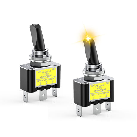 2PCS Yellow LED Toggle Switch 12V DC 30A 3 Pin On Off 2 Position Heavy Duty Rocker Switch with 14AWG Wire for Automotive Cars Trucks Boats Racing Cars Auto Boat