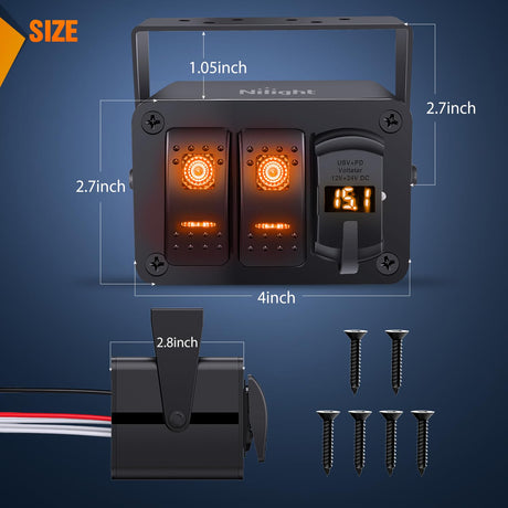 2 Gang Rocker Switch Box 12V SPST ON Off Toggle Switches PD Type C and QC 3.0 USB Sockcet Voltmeter LED Light Waterproof Aluminum Mount Bracket Panel DIY Stickers for Boat Car RV Truck