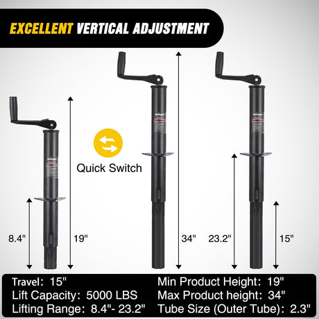A-Frame Trailer Jack 5000 lbs Capacity 15 Inch Vertical Travel Heavy Duty Trailers Tongue Jack with Top Wind Handle Alloy Steel Utility Trailer RV Jack Stand for Trailers RV Boat Camper Matt Black