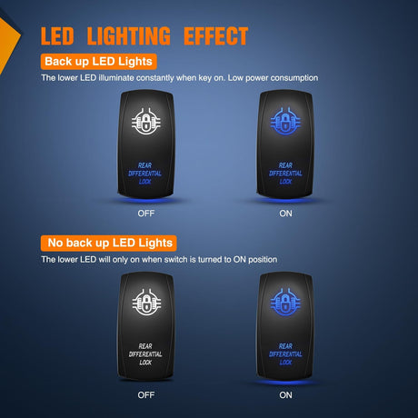 Rear Differential Lock Rocker Switch Led Light Bar 5 Pin Laser On Off SPST Switches 20A/12V 10A/24V Blue with Jumper Wires Set for Cars Trucks Boats ATVs UTVs RVs