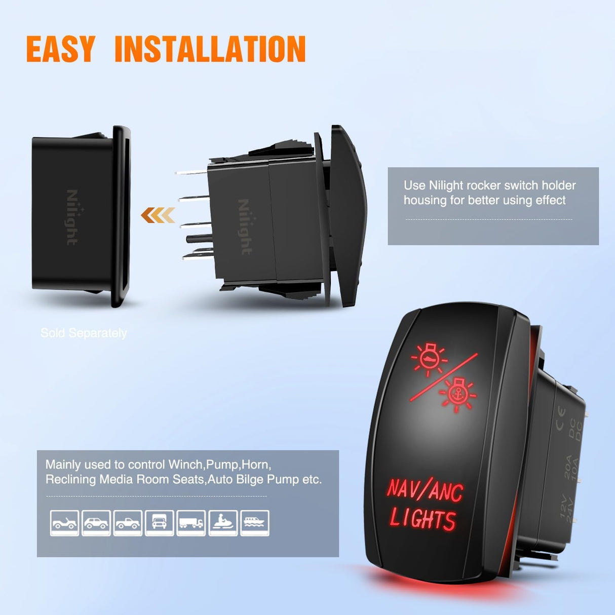 NAV/ANC Rocker Switch 7Pin Navigation Anchor Lights Toggle On Off DPDT Laser Etched 12V 24V Jumper Wires for ARB Carling NARVA Style Marine Boat Ship Vessel