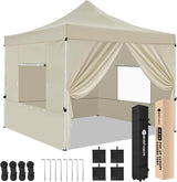 10x10 Pop Up Canopy Tent with 4 Sidewalls Portable Folding Outdoor Canopy Easy Setup Gazebo Waterproof Instant Shelter Tent w Wheel Carry Bag sandbag for Events Parties Camping, Khaki Brown