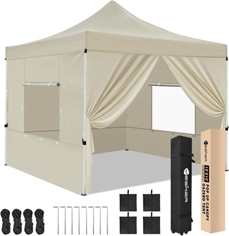 10x10 Pop Up Canopy Tent with 4 Sidewalls Portable Folding Outdoor Canopy Easy Setup Gazebo Waterproof Instant Shelter Tent w Wheel Carry Bag sandbag for Events Parties Camping, Khaki Brown