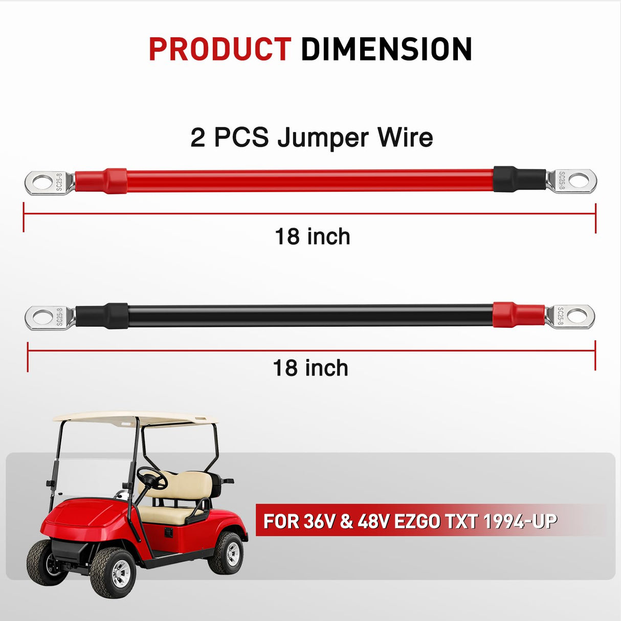 2PCS 4 AWG 18 Inch Golf Cart Battery Cable Kit Pure Copper for EZGO TXT | Heavy Duty Pure Copper AC/DC Wire Kits with Tinned Copper Lugs for 36V/48V EZGO TXT 1994-up