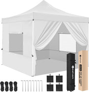 10x10 Pop Up Canopy Tent with 4 Sidewalls Portable Folding Outdoor Canopy Easy Setup Gazebo Waterproof Instant Popup Shelter Tent w Wheel Carry Bag sandbags for Events Parties Camping, White