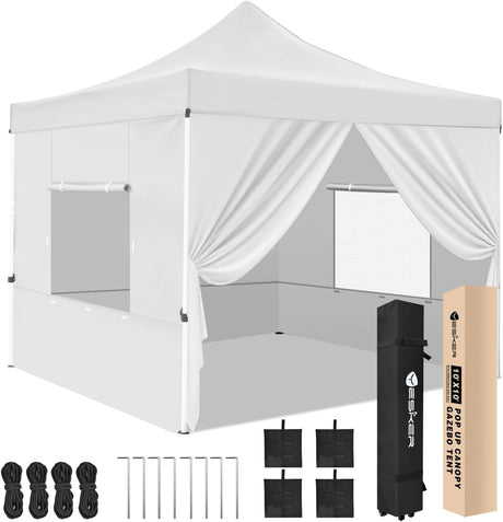 10x10 Pop Up Canopy Tent with 4 Sidewalls Portable Folding Outdoor Canopy Easy Setup Gazebo Waterproof Instant Popup Shelter Tent w Wheel Carry Bag sandbags for Events Parties Camping, White