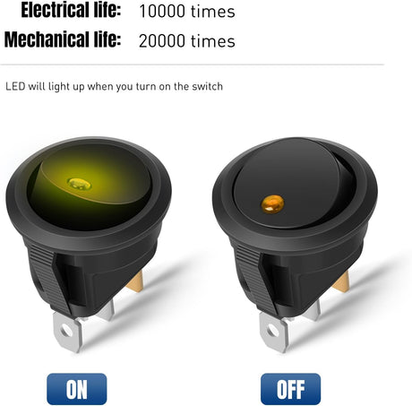 12PCS Round Rocker Switches 12V 24V 20A Yellow LED Toggle swtiches SPST 3 Pin 2 Position for Car Truck Vehicle Boat Marine Rocker On Off Control