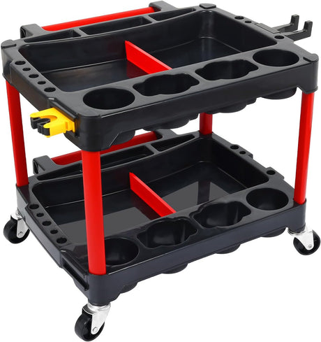 2-Tier Car Detailing Cart with Polisher Brackets - Rolling Utility Plastic Cart with Organizer & Hooks - Heavy Duty Mobile Tool Station