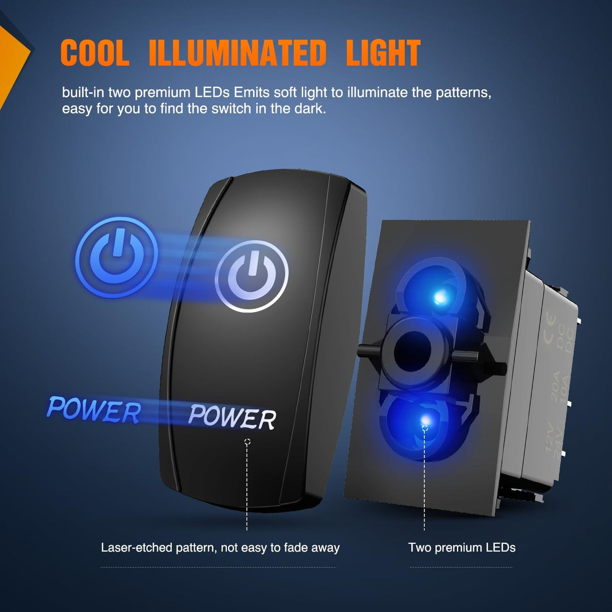 Power Rocker Switch Led Light Bar 5 Pin Laser On Off SPST Switches 20A/12V 10A/24V Blue with Jumper Wires Set for Cars Trucks Boats ATVs UTVs RVs