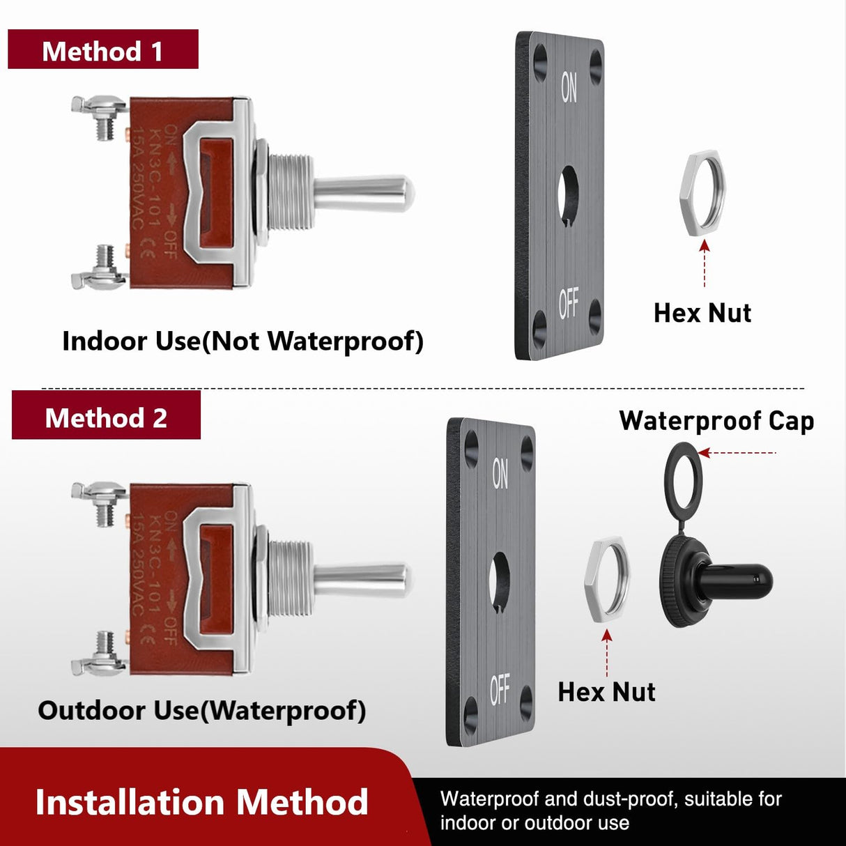 Heavy Duty Toggle Switch Waterproof 2 Pin 2 Position ON Off SPST 12V DC 30A with Mounting Panel and Weatherproof Cap Cover for Auto Car Marine Boat Automotive