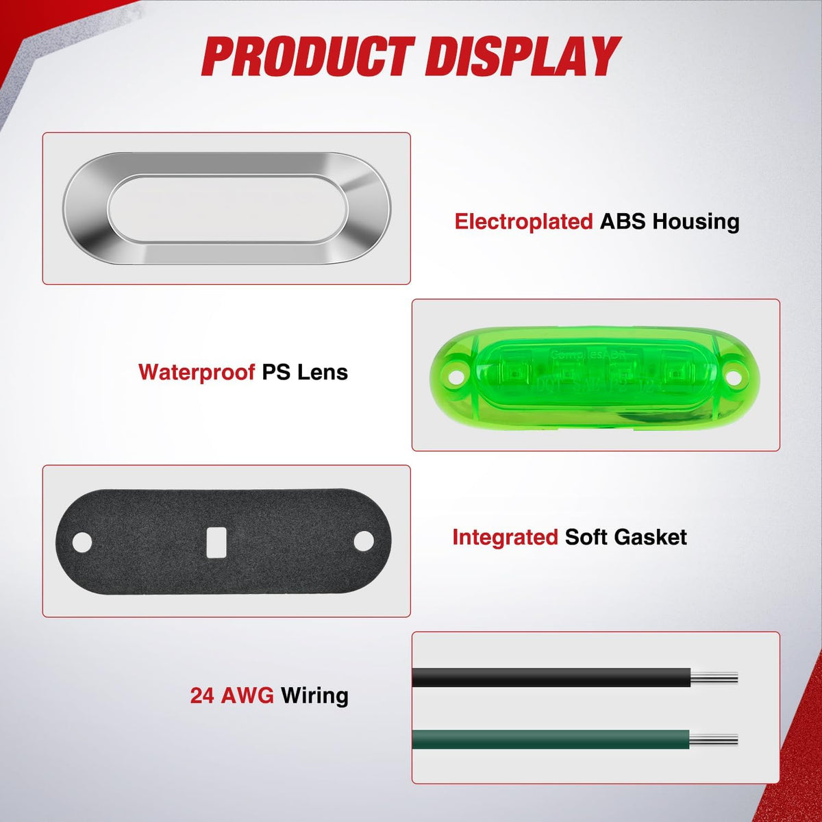3.7 Inch Green Oval Side Marker Light, 4 LED IP68 Waterproof | Chrome Bezel DC 12-24V Surface Mount 10 Pack Marker & Clearance Light for Trucks Trailers Cars RVs Buses & Boats