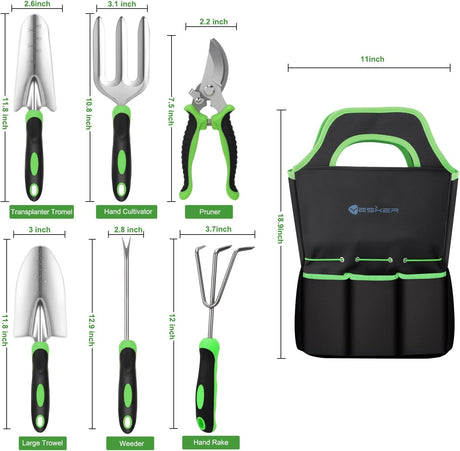 Gardening Tools 7-Piece Heavy Duty Garden Tool Set Gardening Supplies Gifts for Women Men Gardening Hand Tool Kit with Non-Slip Ergonomic Handle, Durable Garden Bag, Pruning Shears, Black Green