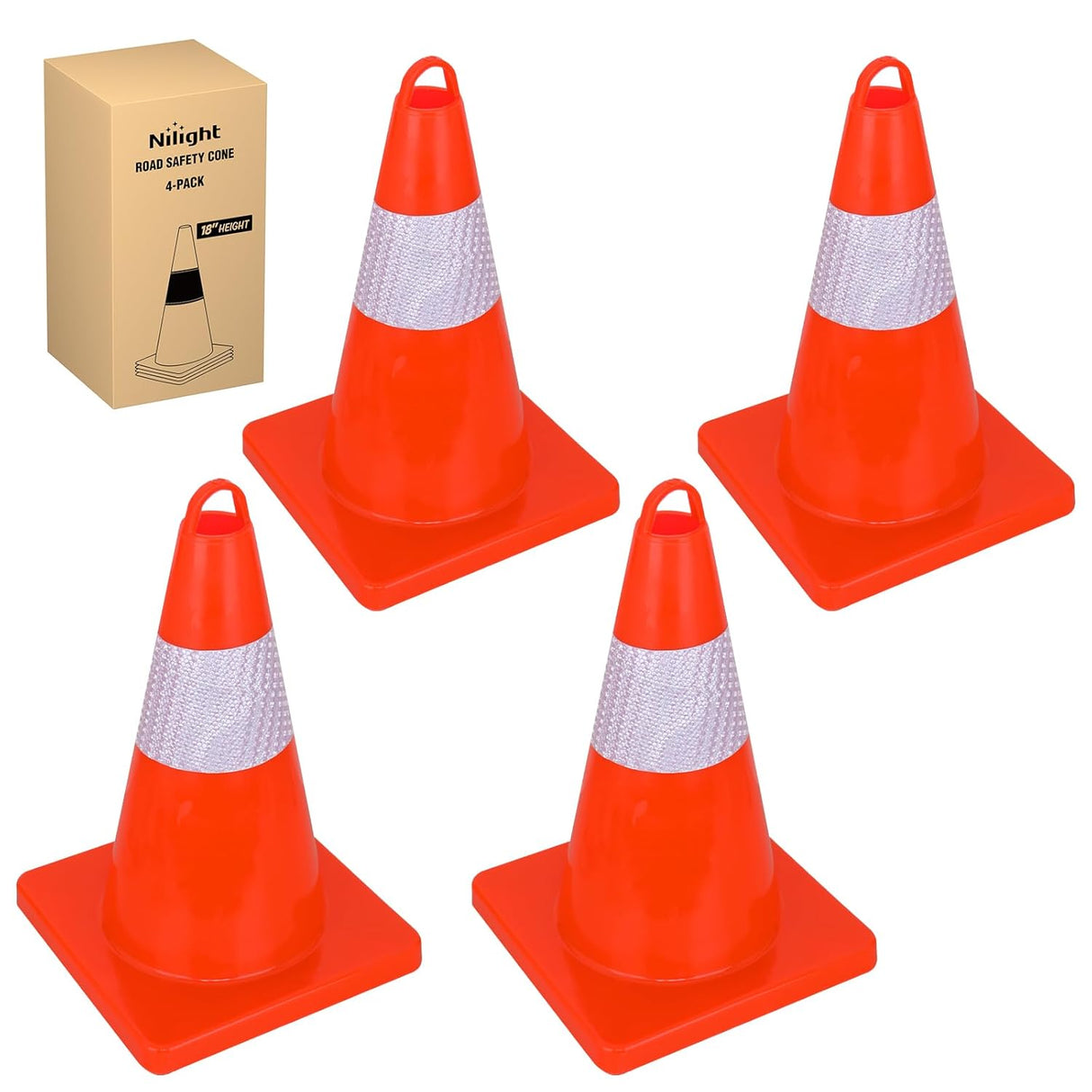 18 inch Traffic Safety Cones, 4  Pack Durable PVC Orange Cones with Reflective Collars for Road Safety, Parking, Construction Work, Sports Training