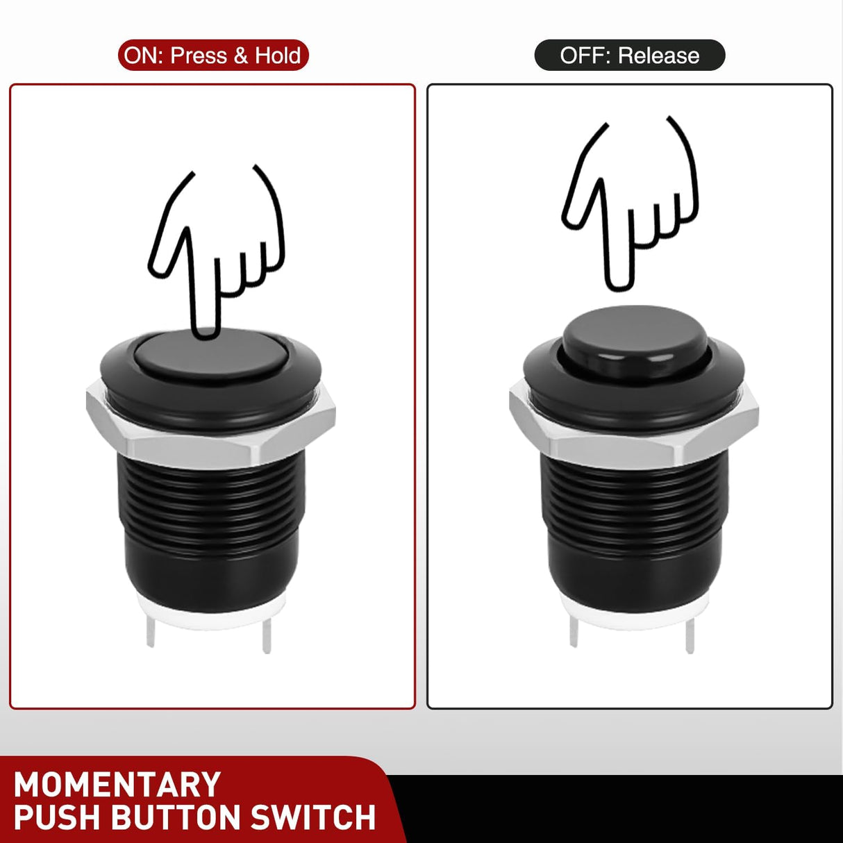 12mm Momentary Push Button Switch 6PCS 12V Waterproof Black Metal Small Round Power Push Button Switches 2 Pin for Car Automotive Truck Boat Marine Off-Road Vehicle
