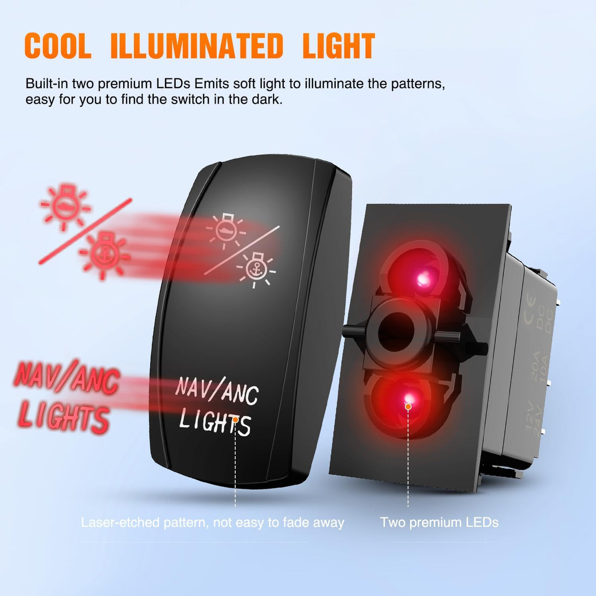 NAV/ANC Rocker Switch 7Pin Navigation Anchor Lights Toggle On Off DPDT Laser Etched 12V 24V Jumper Wires for ARB Carling NARVA Style Marine Boat Ship Vessel