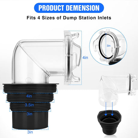 90 Degree RV Sewer Hose Fittings with 4-in-1 Adapter, Clear RV Sewer Hose Elbow Leak-Proof Connection & Odor-Tight Seal Fits 4 Sizes of Dump Station Inlets for Campers Travel Trailers, Black