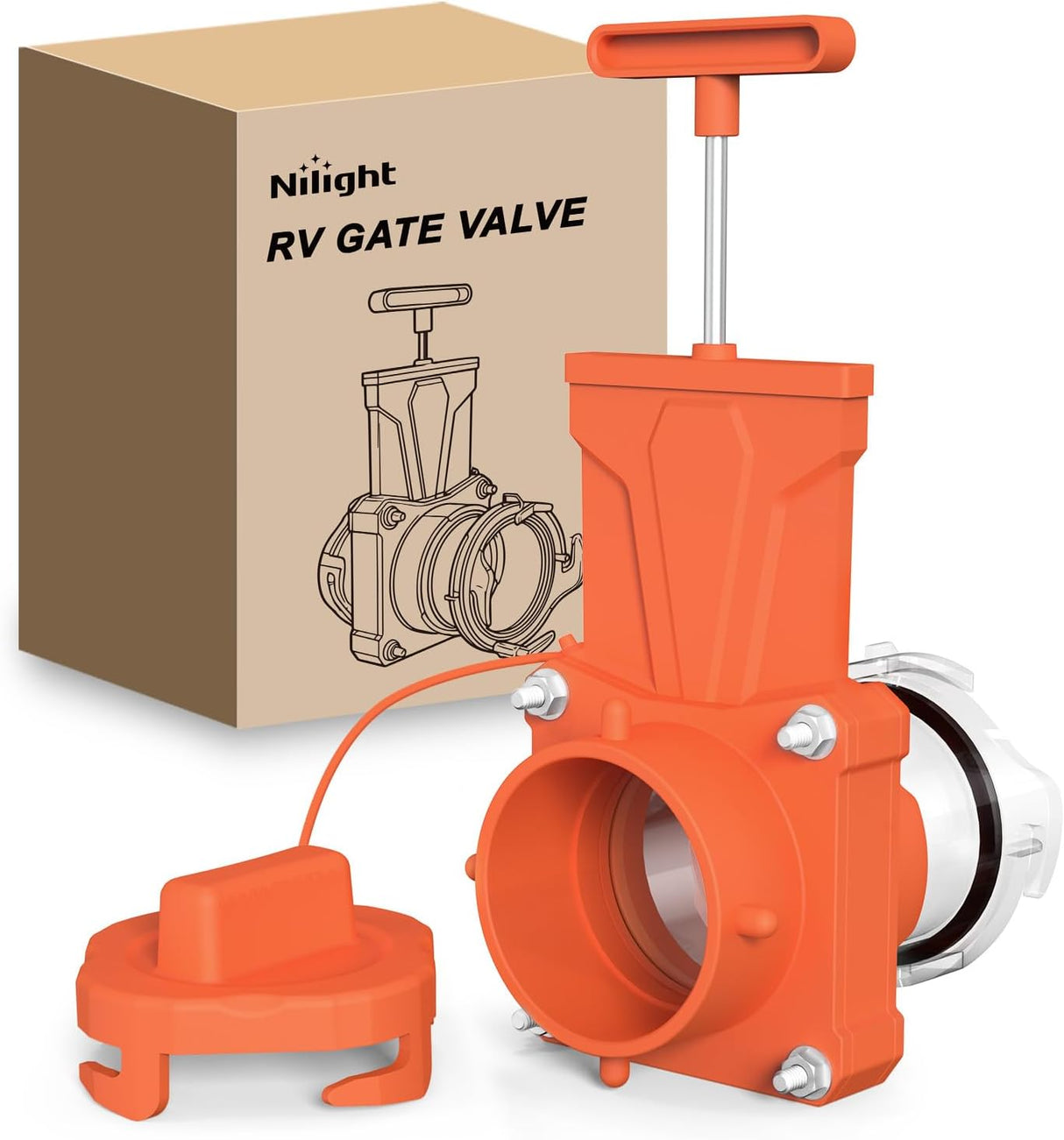 RV Sewer Valve, Camper Black Tank Gate Valve with 4 Bayonet Prongs Clear Adapter Leakproof Cap Double Odor-Tight Sealing Ring Twist On Waste Valve for RV Sewer Hose Fittings Replacement Orange