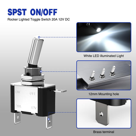 3PCS White LED Toggle Switches 12V 20A 3 Pin 2 Position ON Off SPST Heavy Duty Rocker Switch for Auto Car Marine RV Vehicles Truck Boat Dash