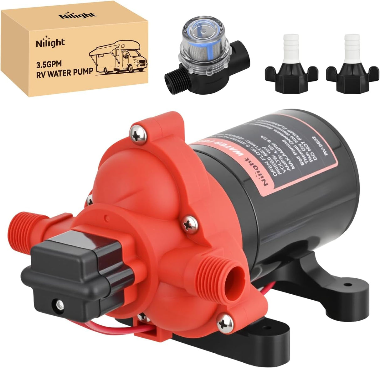RV Water Pump, 12v Water Pump 3.5 GPM 45 PSI with Pressure Switch and Strainer Heavy Duty Diaphragm Pump 12 Volt DC Upgrade Self-Priming Low Noice for RV Marine Yacht Caravan Camper Trailer