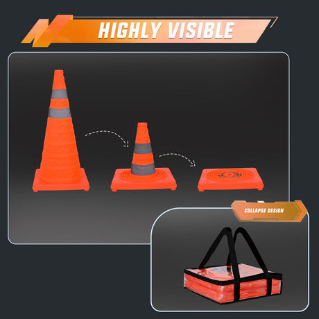 28 Inch Collapsible Traffic Safety Cones 2 Pack - Bright Orange Parking Cones with Reflective Collars for Roadside Emergency, Parking, Driving Practice