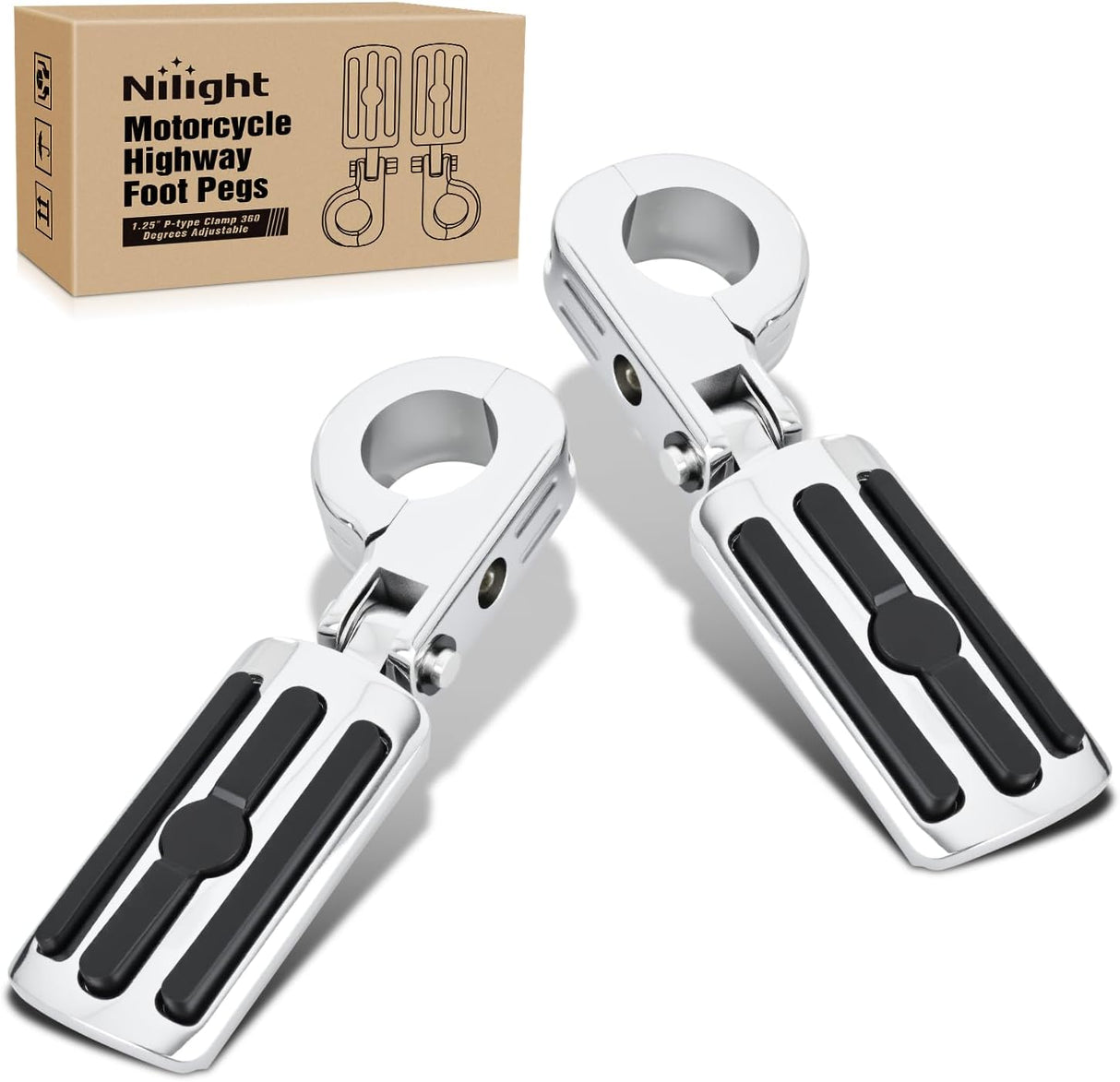 1-1/4 Inch Motorcycle Highway Pegs Adjustable 360° Angled Foot Pegs P-Clamp Universal For 1.25 Inch Engine Guard Crash Bars FootPegs Fits for Harley Davidson Touring Road King Street Glide Sportster