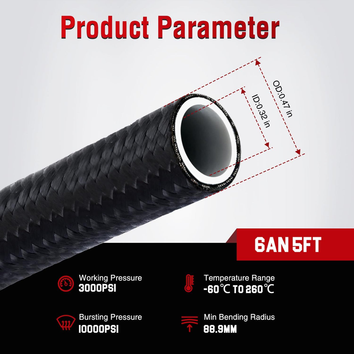 6AN 5FT PTFE Nylon Stainless Steel Braided Fuel Line Hose Only | Compatible with E85 PTFE Teflon EFI Fuel Line Universal for LS Engines & Automotive Racing Applications