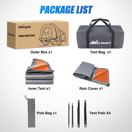 Truck Bed Tent 8-8.5 FT Pickup Truck Tents with Rainfly Waterproof PU2000mm Double Layer for 2-Person Portable Full Size Long Tailgate Bed Tent for Truck Camping Outdoor Travel, Orange Grey