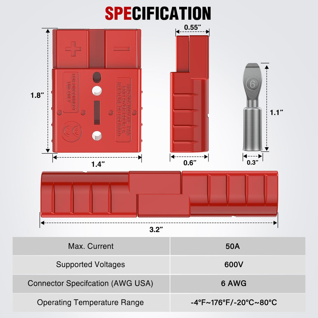 Anderson Connector 50AMP 6AWG Anderson Plug 12V-36V Battery Quick Connect/Disconnect Wire Harness Plugs Connectors Kit for 6 Gauge Cables Car Marine ATV Trailer Towing Winch Motor, 4 Pack Red