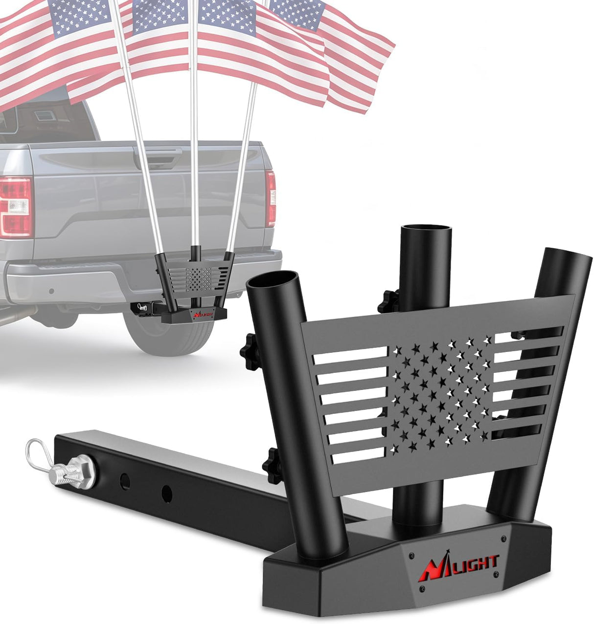 Triple Hitch Mount Flagpole Holder fits 2 Inch Receivers | Heavy Duty Metal Mount Kit Compatible with 0.87 to 1.38 Inch Diameter Flag Tube for Trucks SUV RV Pickup Camper Trailer Jeep