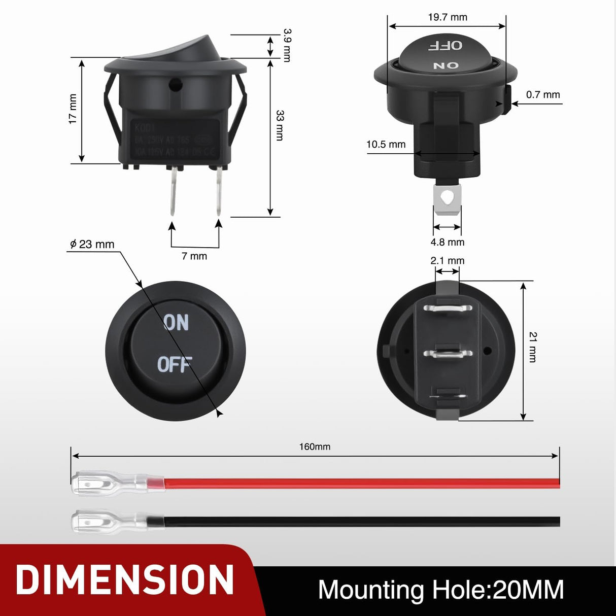 10PCS Round Rocker Switches w/Wiring Harness SPST 6A/250V 10A/125VAC 12V Small Toggle Switch 2 Pin ON Off for Car Automotive RV Trucks Boats Off-Road Vehicle