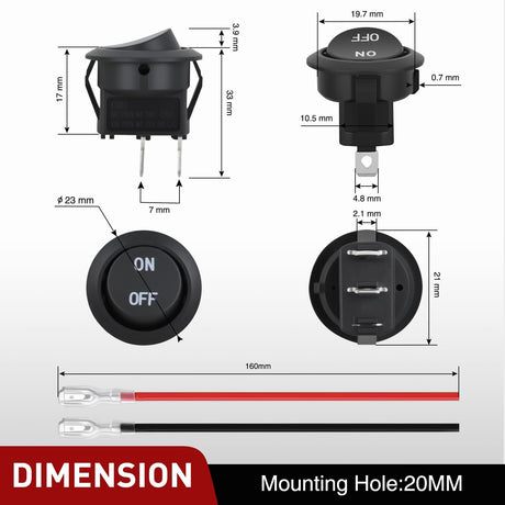 10PCS Round Rocker Switches w/Wiring Harness SPST 6A/250V 10A/125VAC 12V Small Toggle Switch 2 Pin ON Off for Car Automotive RV Trucks Boats Off-Road Vehicle