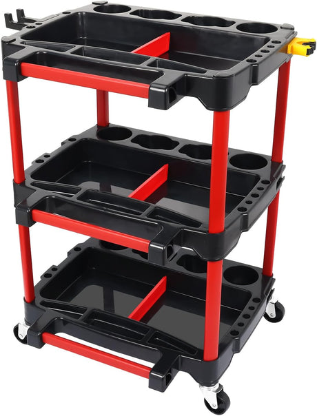 3-Tier Car Detailing Cart with Polisher Brackets - Rolling Utility Plastic Cart with Organizer & Hooks - Heavy Duty Mobile Tool Station