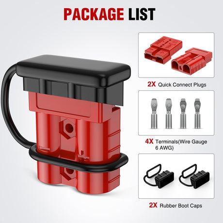 Anderson Connector 50AMP 6AWG Anderson Plug 12V-36V Battery Quick Connect/Disconnect Wire Harness Plugs Connectors Kit for 6 Gauge Cables Car Marine ATV Trailer Towing Winch Motor, 2 Pack Red