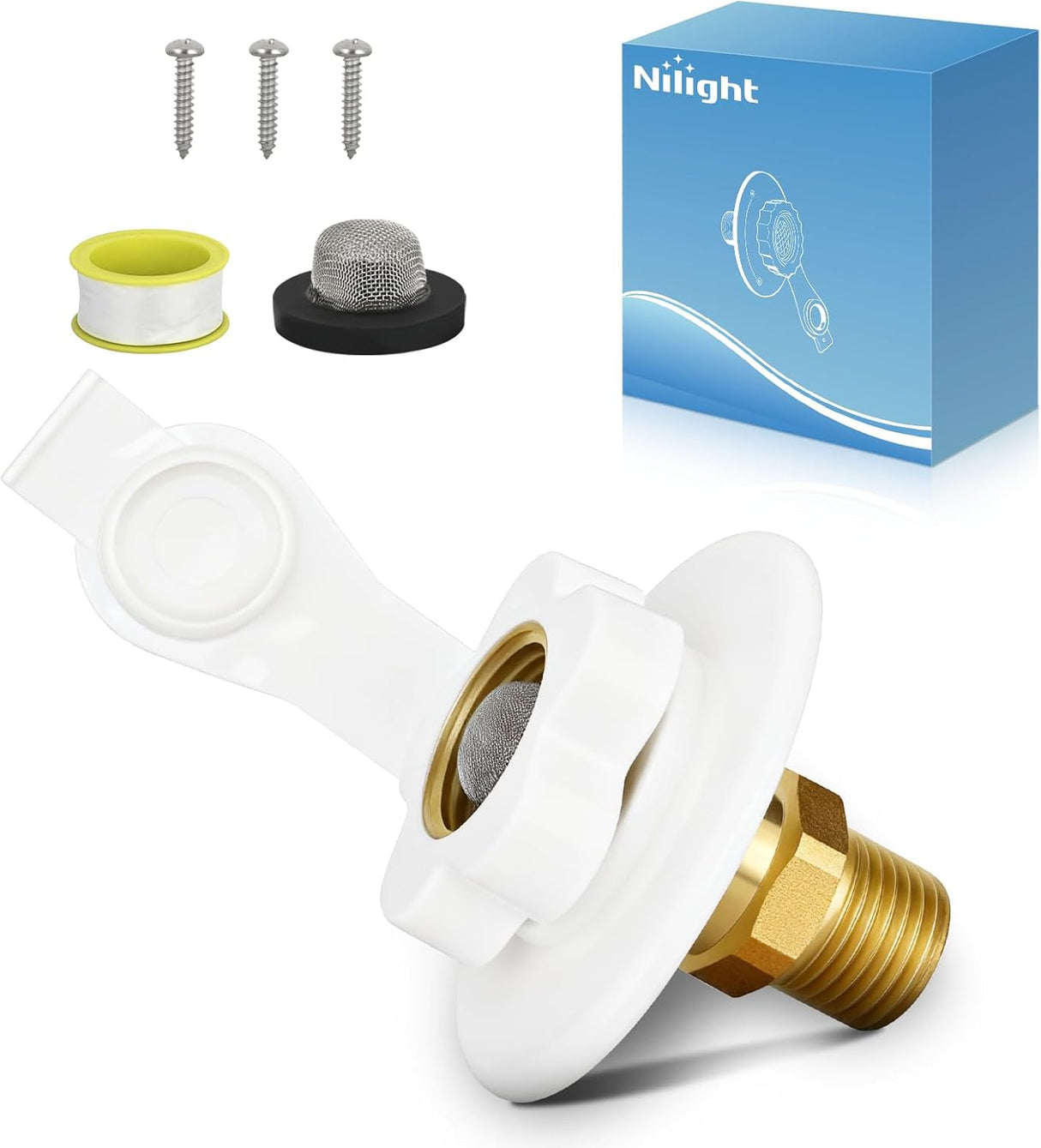 RV City Water Inlet with Check Valve 1/2 Inch NPT Male to 3/4 Inch GHT Female Brass City Water Fill Inlet Flange Connection Fittings for RV Camper Trailer Marine Hose Water Connector Replacement White