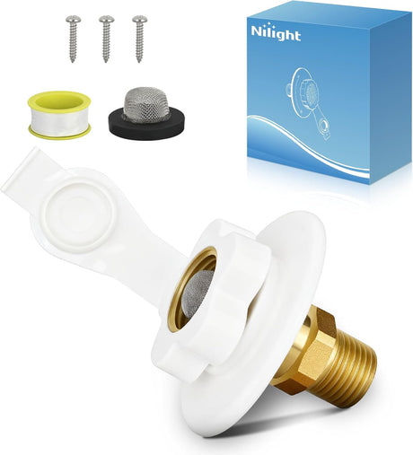 RV City Water Inlet with Check Valve 1/2 Inch NPT Male to 3/4 Inch GHT Female Brass City Water Fill Inlet Flange Connection Fittings for RV Camper Trailer Marine Hose Water Connector Replacement White