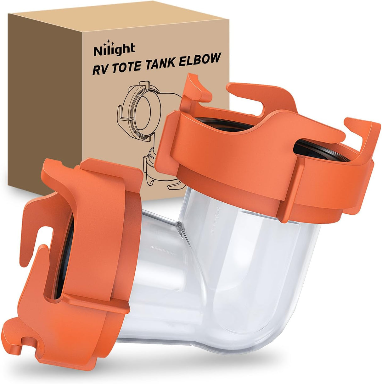 90 Degree RV Tote Tank Adapter, Clear RV Sewer Hose Elbow Fitting with 4 Swivel Bayonet Prongs Leak-Proof Double Odor-Tight Sealing Ring for RV Camping Portable Waste Tank Sewer Hoses, Orange