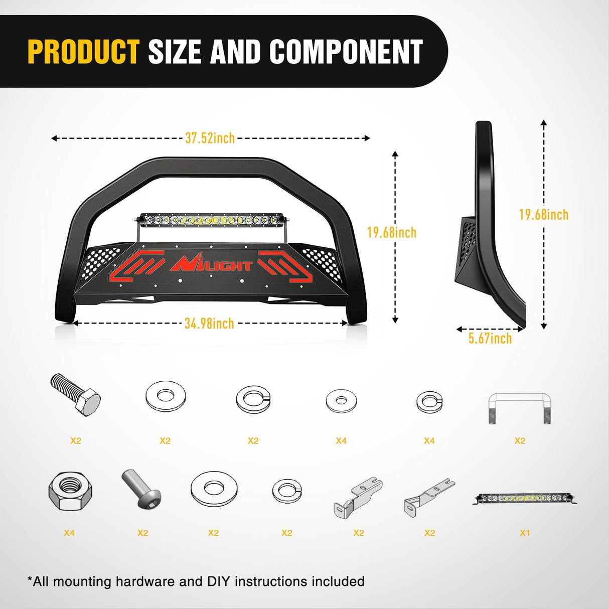 Bull Bar with Light Bar&License Plate Hole Compatible for Ford F-150 F150 2004-2026 Truck Brush Guard, Front Bumper Push Bar w/Grille Skid Plate Light Mount