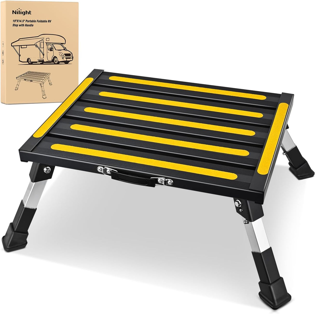 RV Step Stool Aluminum Folding Platform Steps 19x14.5 RV Steps 4 Levels Adjustable Heavy Duty Step Stool with Anti-Slip Surface Rubber Feet Portable Handle 500lbs for Camper Trailer, Black