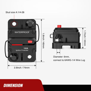 150A Circuit Breaker Resettable 12-48V DC Manual Reset w/Copper Wire Lugs Surface Mount Overload Protection Nilight