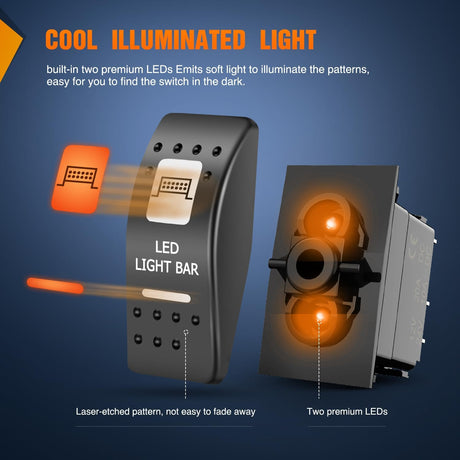 5Pin SPST On/Off UTV LED Light Bar Rocker Switch Orange Backlit Nilight