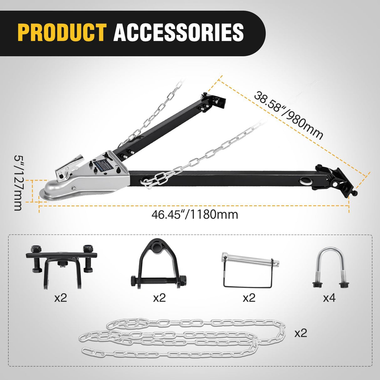 Tow Bar with Safety Chains, Coupler Fits 2-Inch Hitch Ball, 5500 lbs Towing Capacity, 41-in Opening Width, Bumper-Mounted Universal Towing Bar for RV, Car, Trailer, Truck, Alloy Steel