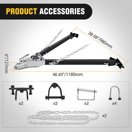 Tow Bar with Safety Chains, Coupler Fits 2-Inch Hitch Ball, 5500 lbs Towing Capacity, 41-in Opening Width, Bumper-Mounted Universal Towing Bar for RV, Car, Trailer, Truck, Alloy Steel