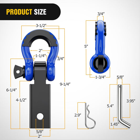 2" Shackle Hitch Receiver 3/4" D Ring Kit Blue Nilight