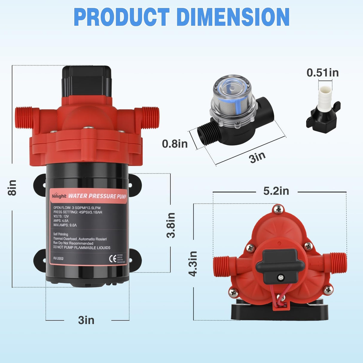 RV Water Pump, 12v Water Pump 3.5 GPM 45 PSI with Pressure Switch and Strainer Heavy Duty Diaphragm Pump 12 Volt DC Upgrade Self-Priming Low Noice for RV Marine Yacht Caravan Camper Trailer