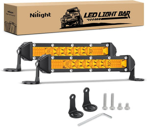 Slim LED Light Bar 2Pcs 7 Inch 16LED Single Row Spot Flood Combo Amber Off Road Work Driving Fog Turn Signal Lighting for 12V 24V ATV UTV Pickup Truck Tractor Boat
