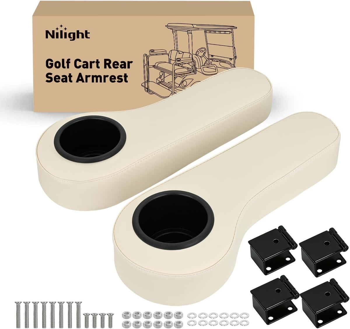 Golf Cart Armrests 2PCS Beige Flip Stand Cup Holder | No Drilling Detachable PU Leather Armrest with Iron Bracket Fits 1 Inch Square Tubes for EZGO Club Car Yamaha Rear Seat