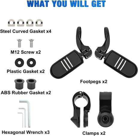 1-1/4 Inch Motorcycle Highway Pegs For Harley Davidson Touring Road King Street Glide Sportster Adjustable Short Angled Foot Pegs Universal For 1.25 Inch Engine Guard Crash Bars Highway Footpegs Black