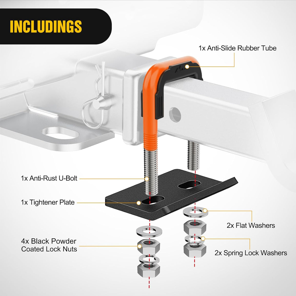 Trailer Hitch Tightener for 2 Inch Trailers Hitches Mount Anti Rattle Heavy Duty Steel with Rubber Cover Orange U Bolt Matte Black Plate Electrophoresis Anti-Rust Triple Protective
